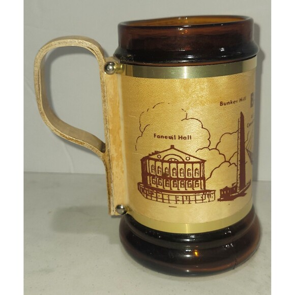 Vintage 70s BOSTON MA Amber Glass & Wood Souvenir/Collector’s Beer Stein Mug EUC - Picture 2 of 5